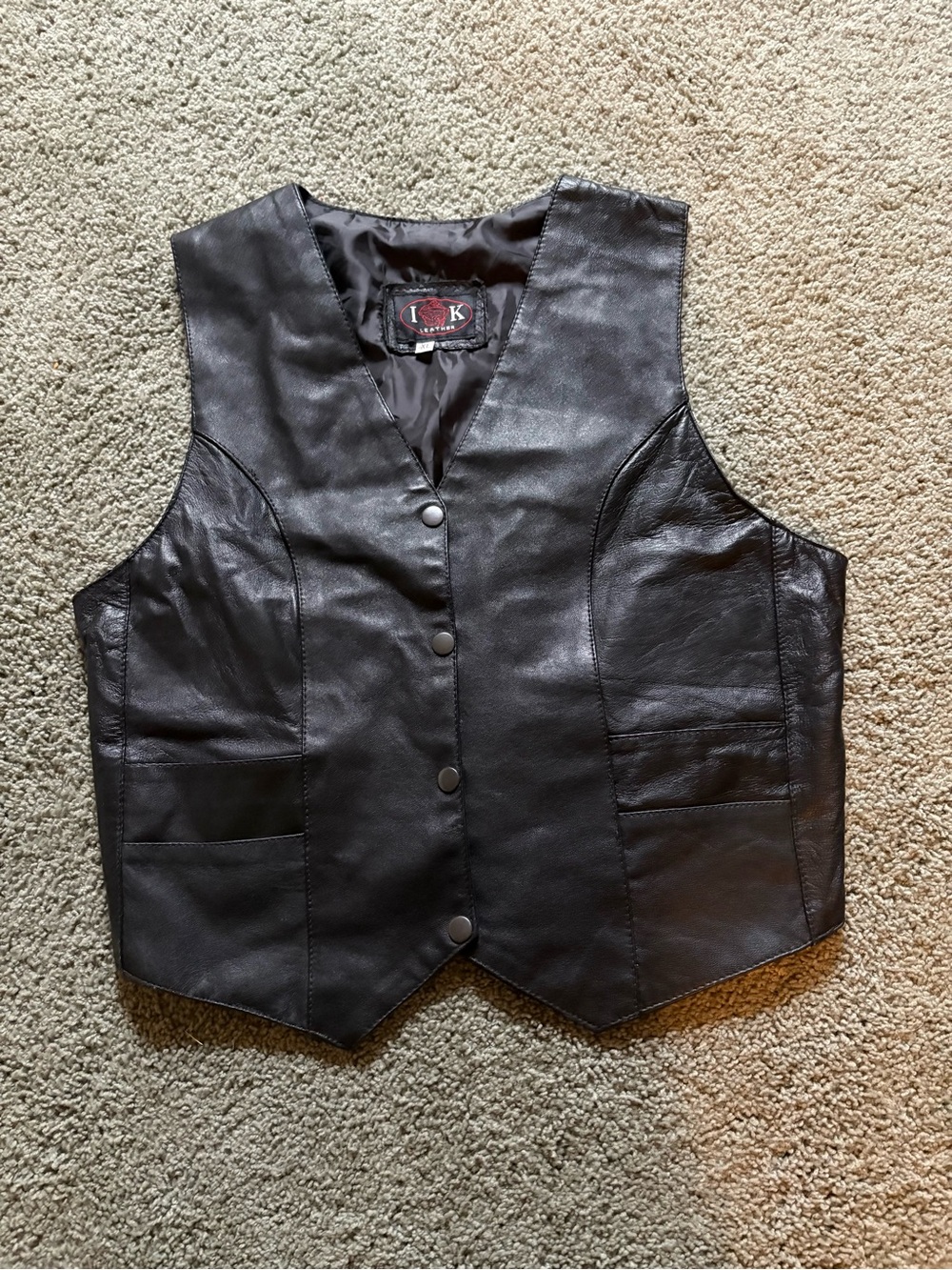 IK Black Leather Vest Size XL Vintage 90s Biker Motorcycle Grunge Snap Front
